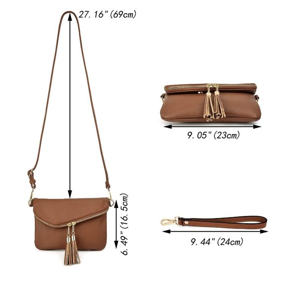 Purse Double Tassel Zippers Lightweight Flapover Handbag with Wristlet Strap CA - Picture 6 of 7